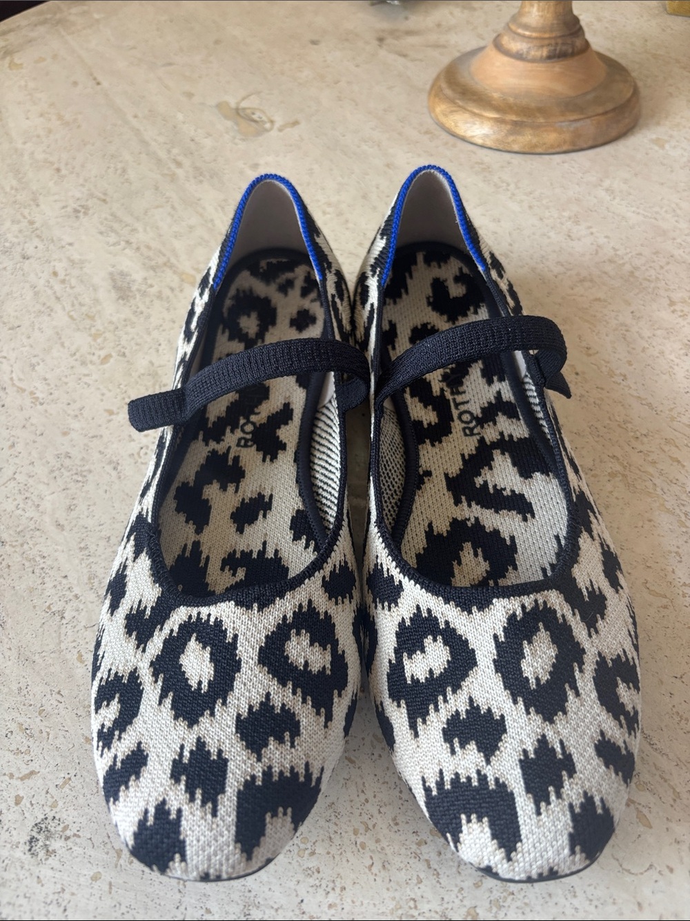 Rothy's Black and Cream Leopard Knit Mary Jane Flats with Blue Trim